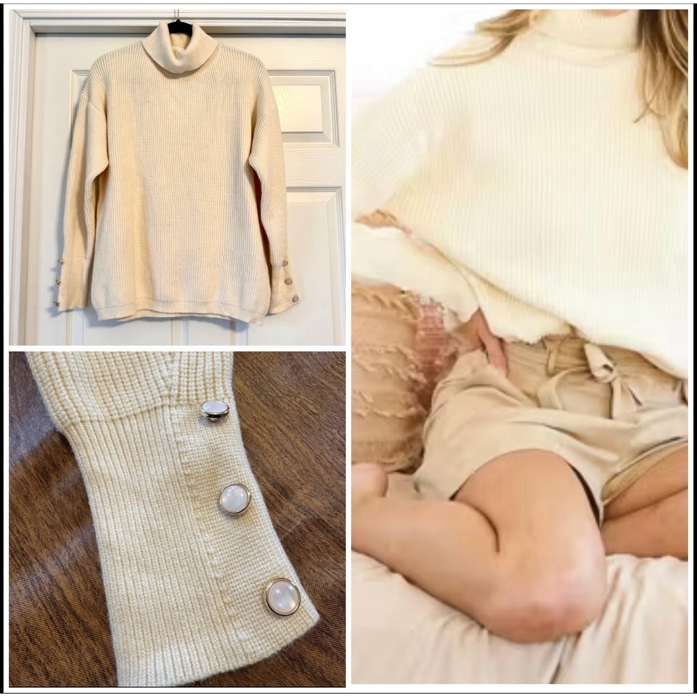Vine & Love Chunky Knit Oversized Sweater Small Cream Pearl Button Sleeves